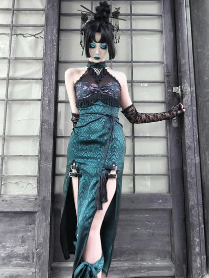 Original Design Summer Outfit Snake Halter Neck Mesh Patch New Sexy Gothic Cheongsam High Slit Outfit