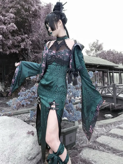 Original Design Summer Outfit Snake Halter Neck Mesh Patch New Sexy Gothic Cheongsam High Slit Outfit