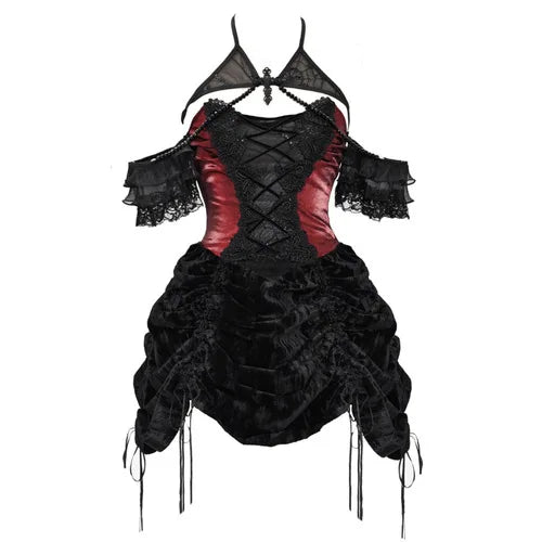 Blood Supply Gothic Velvet Slim Strap Drawstring Halter Black Red Grunge Mini Halloween Vestido Autumn Outfit