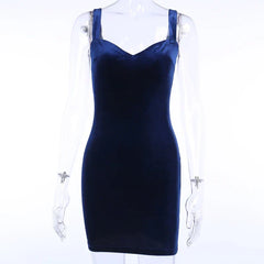Blue V-Neck Spaghetti Strap Mini Sleeveless Skinny Soft Fashion Slim Bodycon Dress