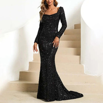 JuliaFashion - Bodycon Sequin Shinny Evening Prom Flare Sleeve Maxi Elegant Mid Waist Long Party Gown Wedding Guest Dress