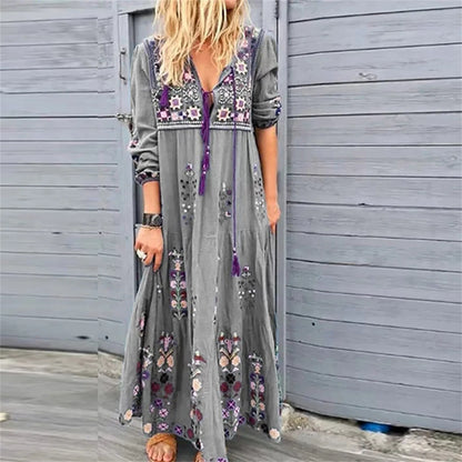 JuliaFashion - Bohemian Drawstring Beach SunV-Neck Long Sleeve Casual Loose Elegant Retro Party Vestidos Dress