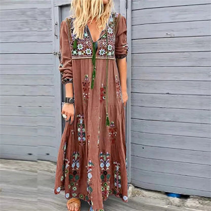 JuliaFashion - Bohemian Drawstring Beach SunV-Neck Long Sleeve Casual Loose Elegant Retro Party Vestidos Dress