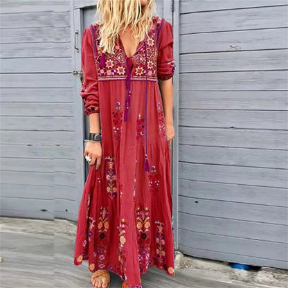 JuliaFashion - Bohemian Drawstring Beach SunV-Neck Long Sleeve Casual Loose Elegant Retro Party Vestidos Dress