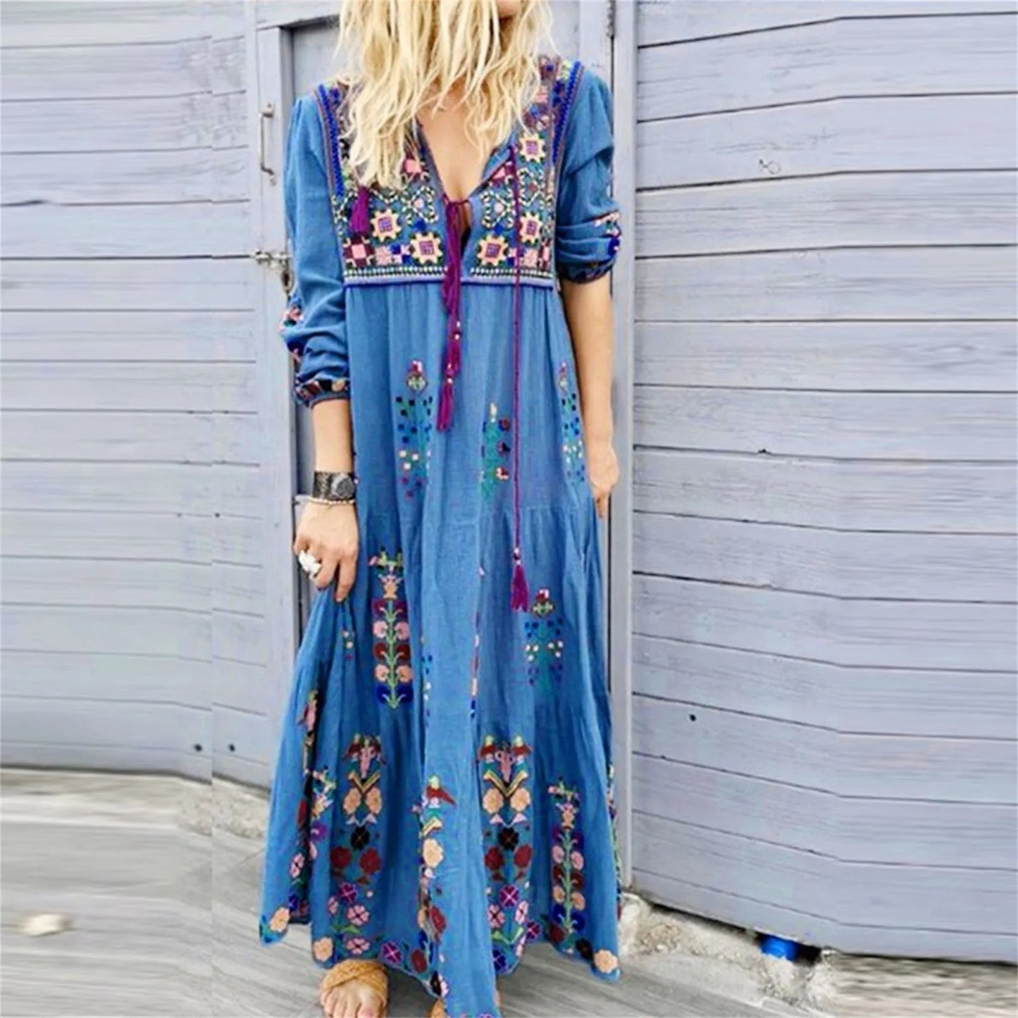 JuliaFashion - Bohemian Drawstring Beach SunV-Neck Long Sleeve Casual Loose Elegant Retro Party Vestidos Dress