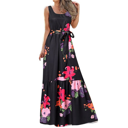 JuliaFashion - Bohemian Floral Long Women 2024 Summer Casual Maxi Fashion Sleeveless Lace Up Tank Vintage Party Robe Dress