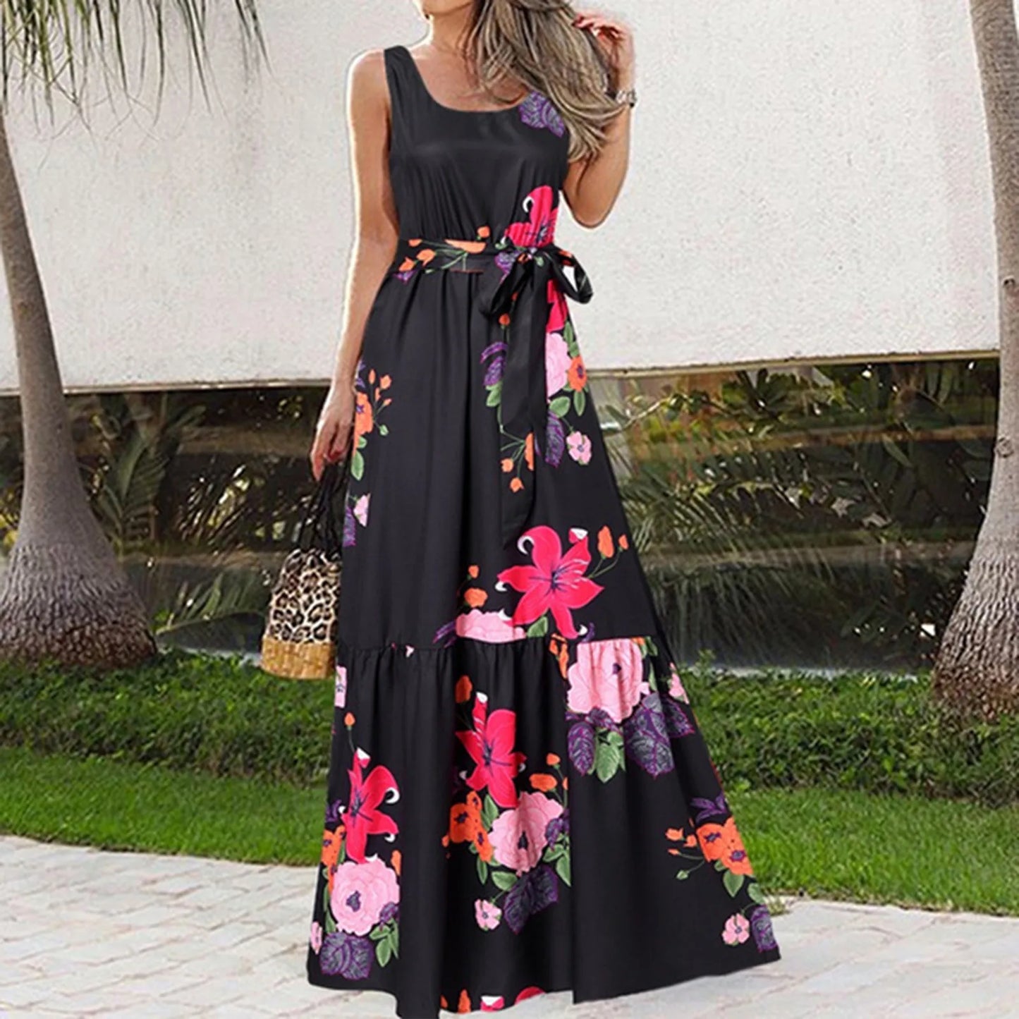 JuliaFashion - Bohemian Floral Long Women 2024 Summer Casual Maxi Fashion Sleeveless Lace Up Tank Vintage Party Robe Dress