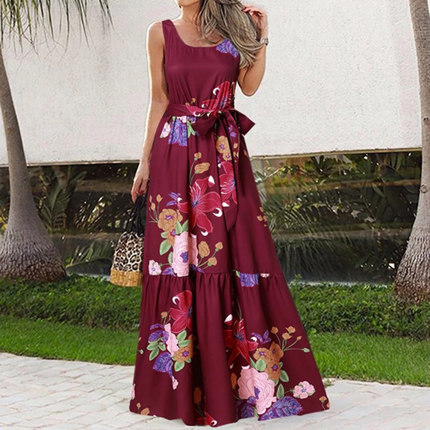 JuliaFashion - Bohemian Floral Long Women 2024 Summer Casual Maxi Fashion Sleeveless Lace Up Tank Vintage Party Robe Dress