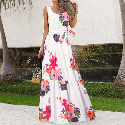 JuliaFashion - Bohemian Floral Long Women 2024 Summer Casual Maxi Fashion Sleeveless Lace Up Tank Vintage Party Robe Dress