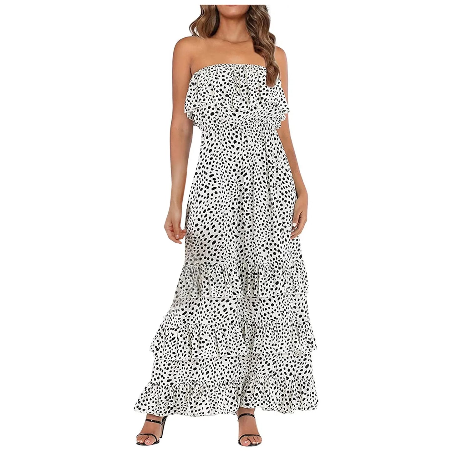 JuliaFashion - Bohemian Floral Ruffle Hem Strapless Maxi Women Elegant Casual Printed Split Floor-Length Ladies Summer Long Dress