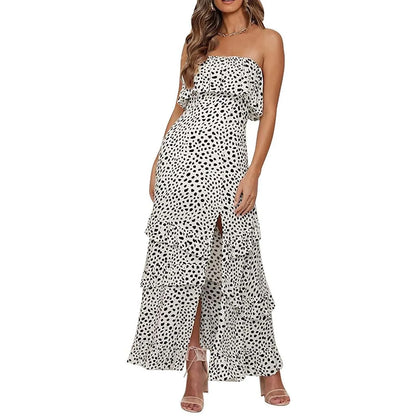 JuliaFashion - Bohemian Floral Ruffle Hem Strapless Maxi Women Elegant Casual Printed Split Floor-Length Ladies Summer Long Dress