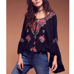 Floral Embroidered Flare Sleeve V-Neck Casual Boho Blouse bohoblouse-250126