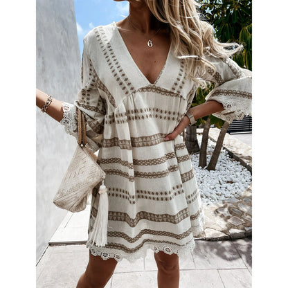 JuliaFashion - Boho Women Lace Hem 2024 Lace Tassels Deep V-Neck Long Sleeve Printed Mini Women Spring Summer Casual Party Dress