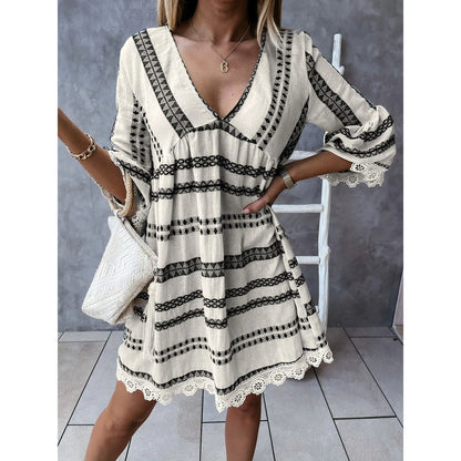 JuliaFashion - Boho Women Lace Hem 2024 Lace Tassels Deep V-Neck Long Sleeve Printed Mini Women Spring Summer Casual Party Dress