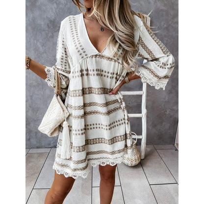 JuliaFashion - Boho Women Lace Hem 2024 Lace Tassels Deep V-Neck Long Sleeve Printed Mini Women Spring Summer Casual Party Dress