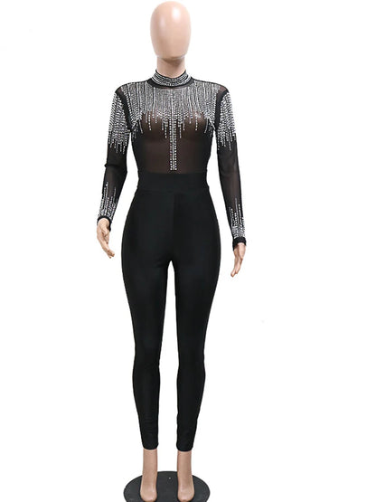 JuliaFashion - Sparkle Crystal Diamonds See-Through Jumpsuits