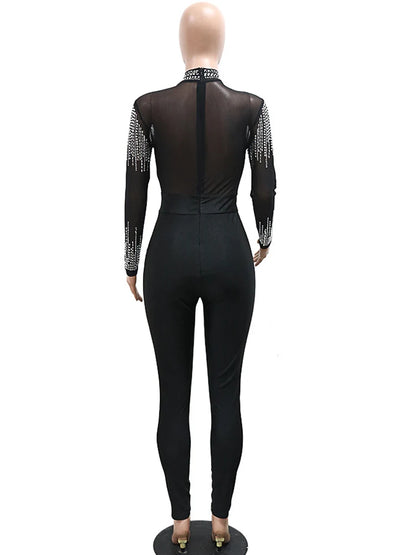 JuliaFashion - Sparkle Crystal Diamonds See-Through Jumpsuits