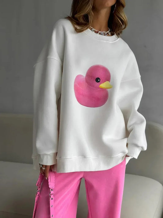 Warm Trendy Casual Oversized Yellow Duck Print Hoodie