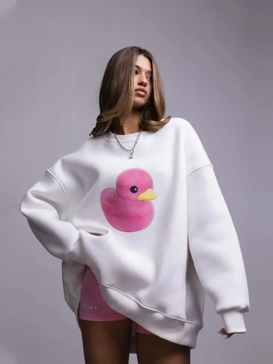 Warm Trendy Casual Oversized Yellow Duck Print Hoodie