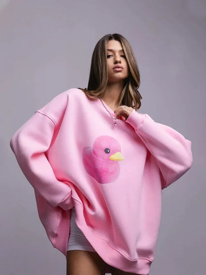 Warm Trendy Casual Oversized Yellow Duck Print Hoodie