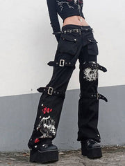 Buckle Strap Halter Trendy Crop Cami Top Cargo Jeans