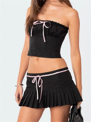 JuliaFashion - Strapless Backless Tube Tops Low Waist Pleated Skirts Suit