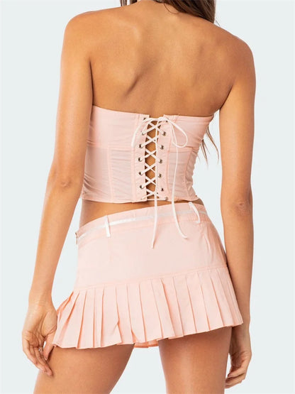 JuliaFashion - Strapless Backless Tube Tops Low Waist Pleated Skirts Suit