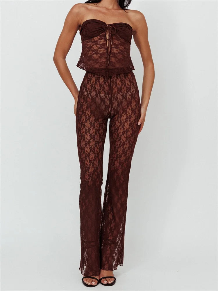 JuliaFashion - Lace Bustiers Strapless Off Shoulder Tops Mesh See Through Flare Pants Suits