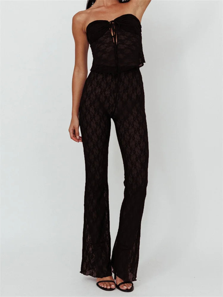 JuliaFashion - Lace Bustiers Strapless Off Shoulder Tops Mesh See Through Flare Pants Suits