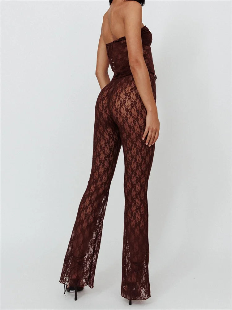 JuliaFashion - Lace Bustiers Strapless Off Shoulder Tops Mesh See Through Flare Pants Suits