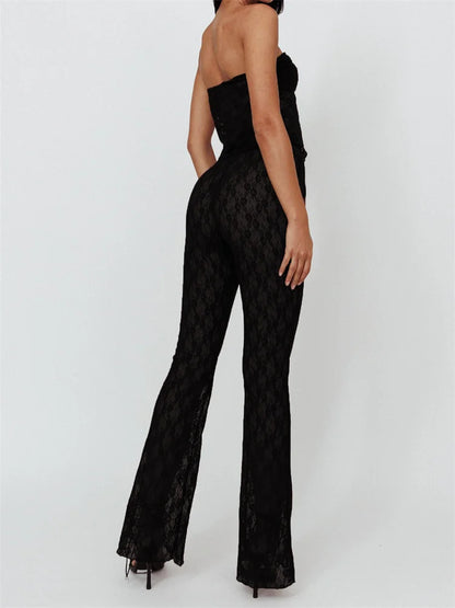 JuliaFashion - Lace Bustiers Strapless Off Shoulder Tops Mesh See Through Flare Pants Suits