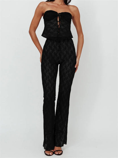 JuliaFashion - Lace Bustiers Strapless Off Shoulder Tops Mesh See Through Flare Pants Suits