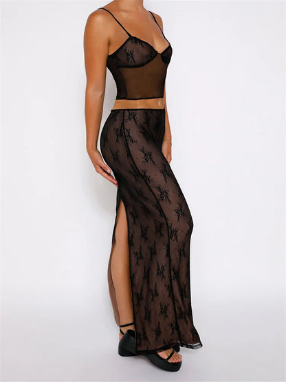 JuliaFashion - Lace Sleeveless Strap V-neck Tops Mesh See Through Back Split Skirts Suits