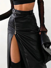 JuliaFashion - Black PU Leather High Waist Vintage Grunge Streetwear Zip Up High Split Bodycon Midi Belt Skirts