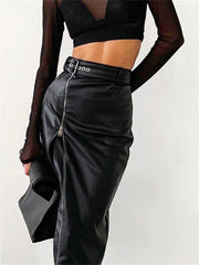 JuliaFashion - Black PU Leather High Waist Vintage Grunge Streetwear Zip Up High Split Bodycon Midi Belt Skirts