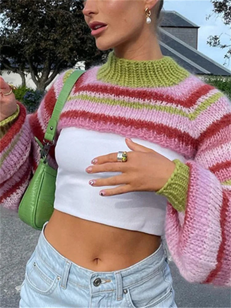 JuliaFashion - Chic Knitted Y2K Vintage Striped Loose Long Sleeve Pullover 90s Retro Sweater