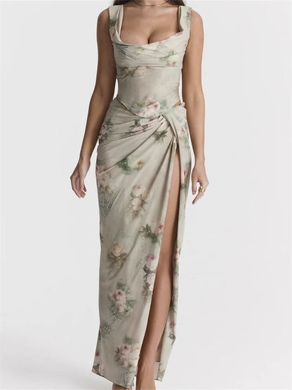 JuliaFashion - Square Neck Elegant Floral Print Ruched Backless High Split Skirts Suits