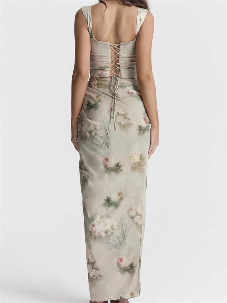 JuliaFashion - Square Neck Elegant Floral Print Ruched Backless High Split Skirts Suits