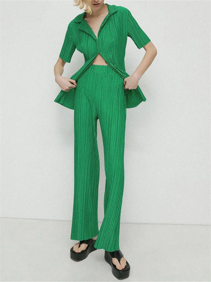 JuliaFashion - Ruched Short Sleeve Tops Elastic Waist Wide Leg Pants Suits