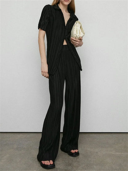 JuliaFashion - Ruched Short Sleeve Tops Elastic Waist Wide Leg Pants Suits