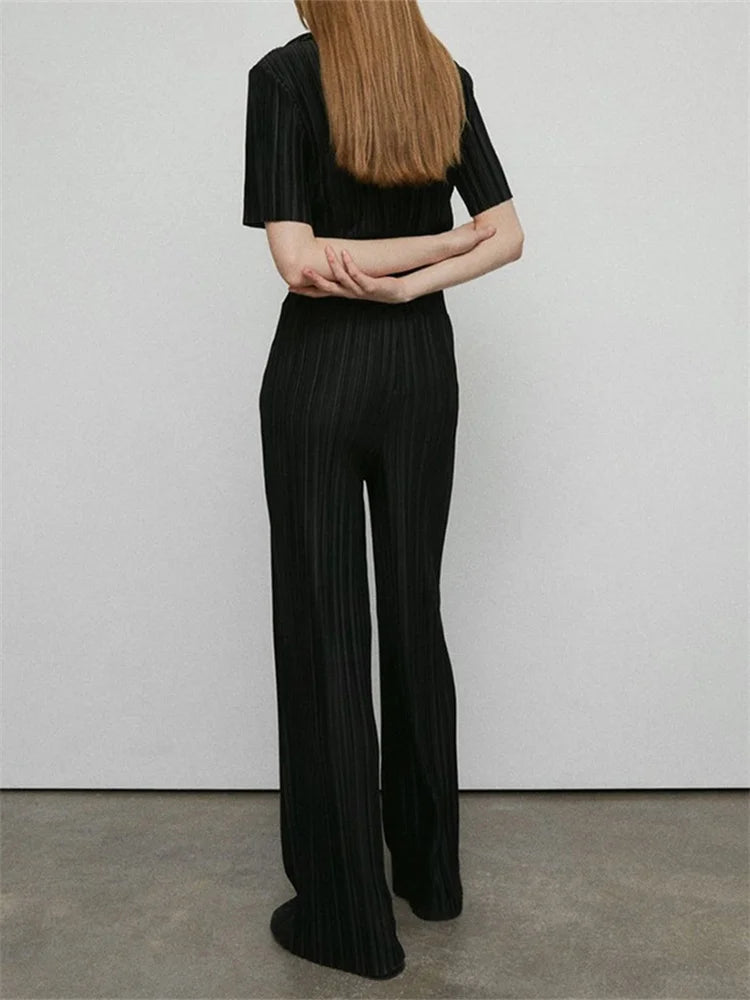 JuliaFashion - Ruched Short Sleeve Tops Elastic Waist Wide Leg Pants Suits