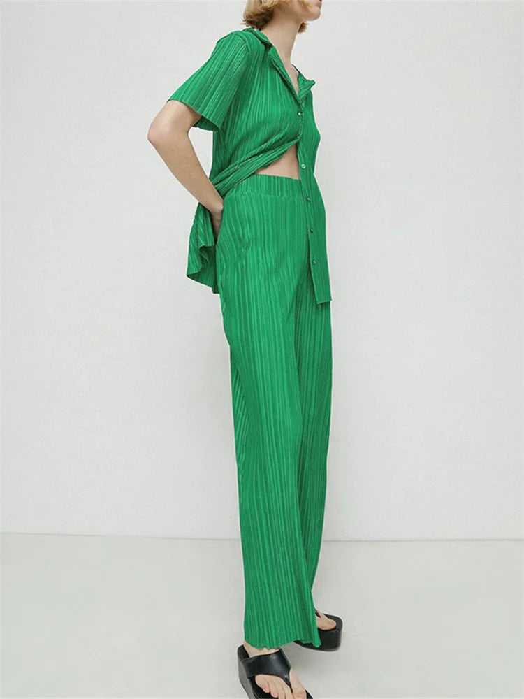 JuliaFashion - Ruched Short Sleeve Tops Elastic Waist Wide Leg Pants Suits