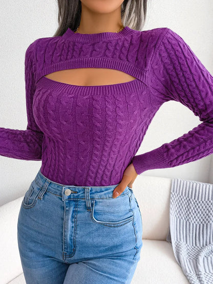 JuliaFashion - Elegant Front Cutout Hollow Out Knitted Pullovers Fashion Long Sleeve Ruched Round Neck Slim Fit Sweater