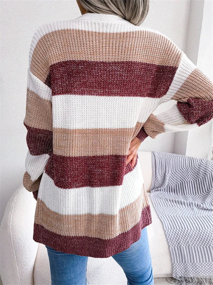 JuliaFashion - Elegant Knitted Cardigans Long Sleeve Front Open Striped Autumn Winter Warm Casual Sweater