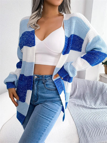 JuliaFashion - Elegant Knitted Cardigans Long Sleeve Front Open Striped Autumn Winter Warm Casual Sweater