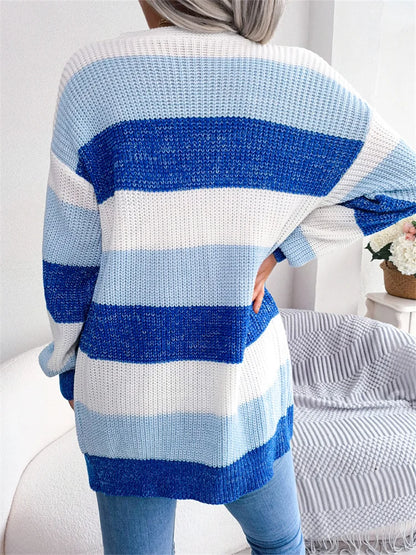 JuliaFashion - Elegant Knitted Cardigans Long Sleeve Front Open Striped Autumn Winter Warm Casual Sweater