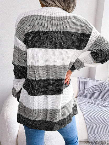 JuliaFashion - Elegant Knitted Cardigans Long Sleeve Front Open Striped Autumn Winter Warm Casual Sweater