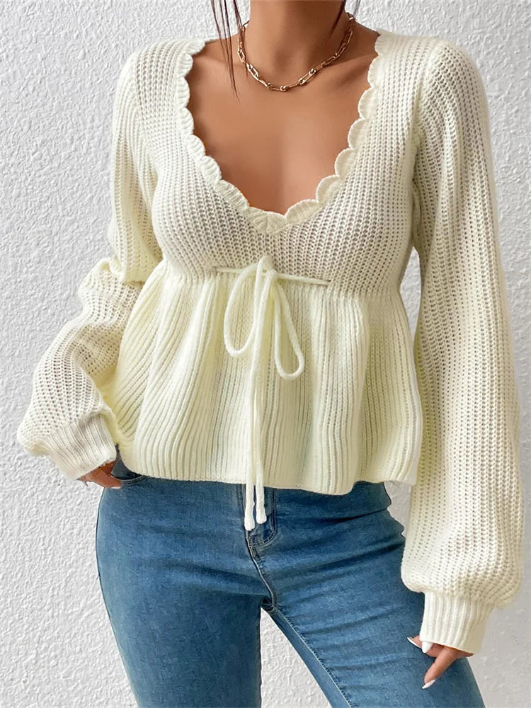 JuliaFashion - Elegant Spring Fall Knitted Solid Long Sleeve Waist Drawstring Knitwear V-neck Low Cut Pullovers Sweater