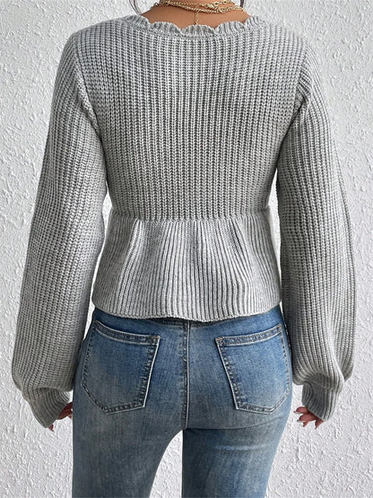 JuliaFashion - Elegant Spring Fall Knitted Solid Long Sleeve Waist Drawstring Knitwear V-neck Low Cut Pullovers Sweater