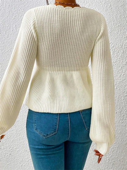 JuliaFashion - Elegant Spring Fall Knitted Solid Long Sleeve Waist Drawstring Knitwear V-neck Low Cut Pullovers Sweater